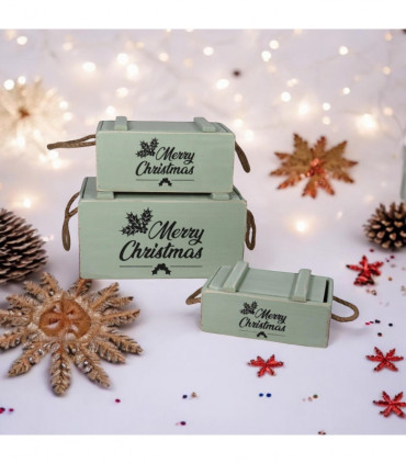 S/3 RUSTIC GREEN CRATES WITH LIDS ROPE HAN