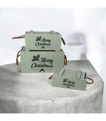 S/3 RUSTIC GREEN CRATES WITH LIDS ROPE HAN