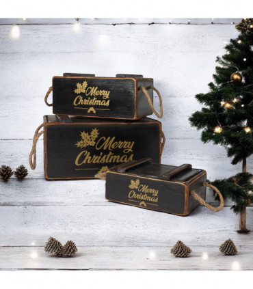 S/3 BLACK WOODEN CRATES WITH LIDS ROPE HAN