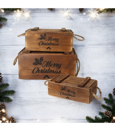 SET 3 WOODEN CRATES WITH LIDS ROPE HANDLES