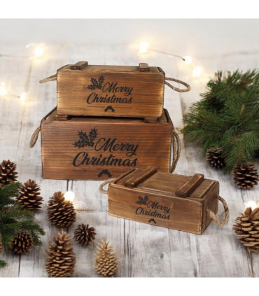 SET 3 WOODEN CRATES WITH LIDS ROPE HANDLES