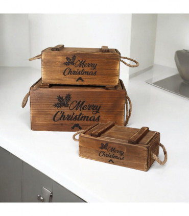 SET 3 WOODEN CRATES WITH LIDS ROPE HANDLES