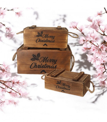 SET 3 WOODEN CRATES WITH LIDS ROPE HANDLES