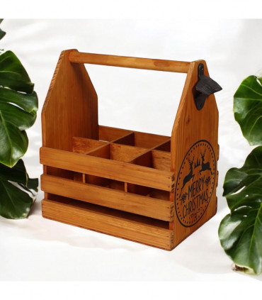 WOODEN 6 BOTTLE HOLDER WITH METAL OPENER