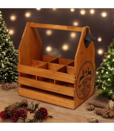 WOODEN 6 BOTTLE HOLDER WITH METAL OPENER