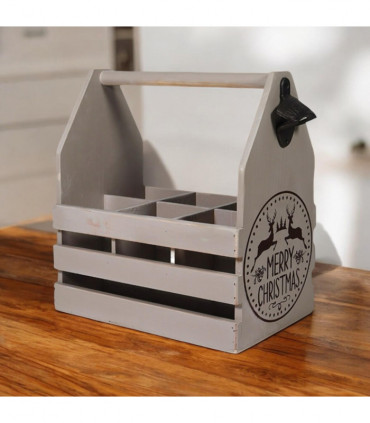 RUSTIC GREY  6 BOTTLE HOLDER WITH OPENER