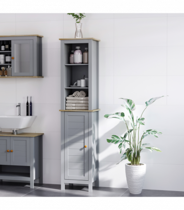 kleankin Bathroom Floor Tall Cabinet Storage Unit w/ Cupboard Adjustable Shelf