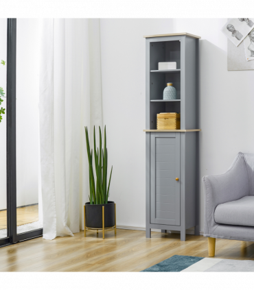 kleankin Bathroom Floor Tall Cabinet Storage Unit w/ Cupboard Adjustable Shelf