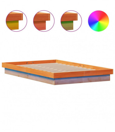 vidaXL LED Bed Frame Wax Brown 135x190 cm Double Solid Wood Pine