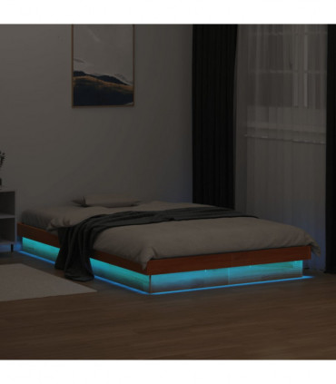 vidaXL LED Bed Frame Wax Brown 135x190 cm Double Solid Wood Pine