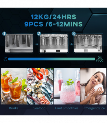 Ice Maker w/ Ice Scoop Basket 12Kg in 24 Hrs 9 Cubes Ready in 6-12Mins