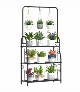 Outsunny 3 Tier Plant Stand w/ Hanging Hooks for Balcony Living Room, Black