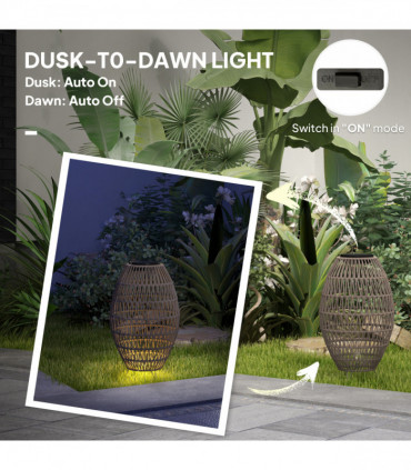 Outsunny Rattan Solar Lamp, Auto On/Off Garden Lantern, Dark Brown