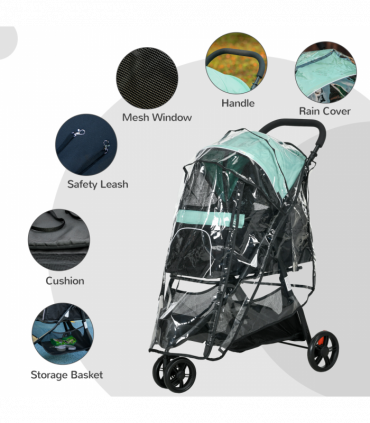 PawHut Dog Stroller for XS Dogs, S Dogs, Cats with Rain Cover - Green