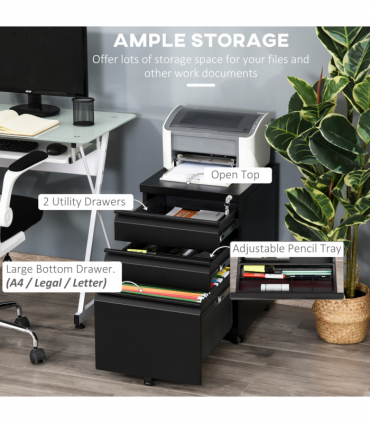 Vinsetto 3 Drawer Vertical File Cabinet Lockable Metal Filling Cabinet Black