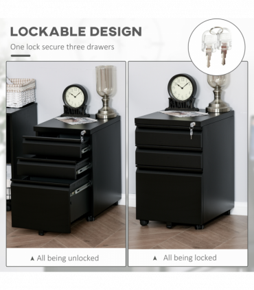 Vinsetto 3 Drawer Vertical File Cabinet Lockable Metal Filling Cabinet Black