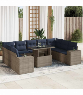 vidaXL 14 Piece Garden Sofa Set with Cushions Grey Poly Rattan Acacia