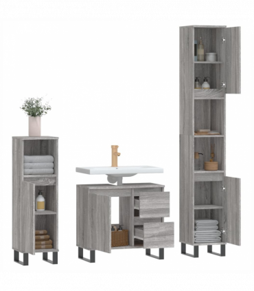 vidaXL 3 Piece Bathroom Furniture Set Grey Sonoma Engineered Wood