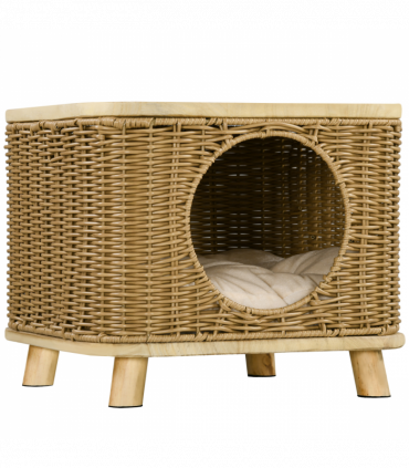 PawHut Elevated Design Wicker Cat House with Washable Cushion, Light Brown