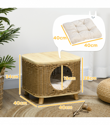 PawHut Elevated Design Wicker Cat House with Washable Cushion, Light Brown