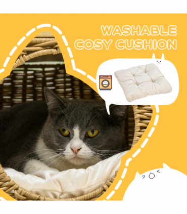 PawHut Elevated Design Wicker Cat House with Washable Cushion, Light Brown