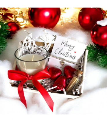 Small Merry Christmas Gift Hamper - Silver Heart Bracelet, Chocolates & Candle
