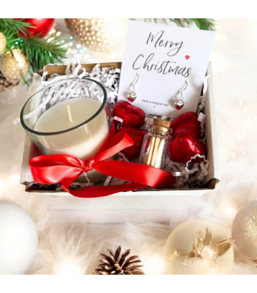 Small Merry Christmas Gift Hamper - Silver Heart Drop Earrings, Chocolates & Candle