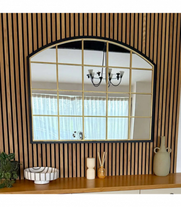 Tomi - Black & Gold Metal Arched Lattice Window Mirror - 95cm x 120cm