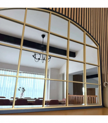 Tomi - Black & Gold Metal Arched Lattice Window Mirror - 95cm x 120cm