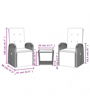 vidaXL 3 Piece Garden Dining Set with Cushions Grey Poly Rattan