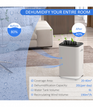 HOMCOM 20L/Day 6L Dehumidifier, Portable Quiet Air Dehumidifier for Laundry