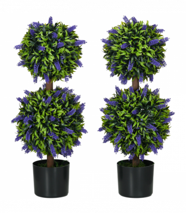 HOMCOM Set of 2 Potted Artificial Plants Ball Tree with Lavender Flowers, 70cm