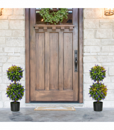 HOMCOM Set of 2 Potted Artificial Plants Ball Tree with Lavender Flowers, 70cm