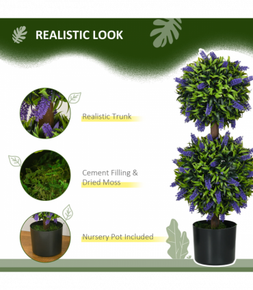 HOMCOM Set of 2 Potted Artificial Plants Ball Tree with Lavender Flowers, 70cm