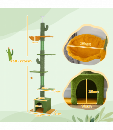 PawHut 230-275cm Floor-to-Ceiling Cat Tree for Indoor Cats with Cat House