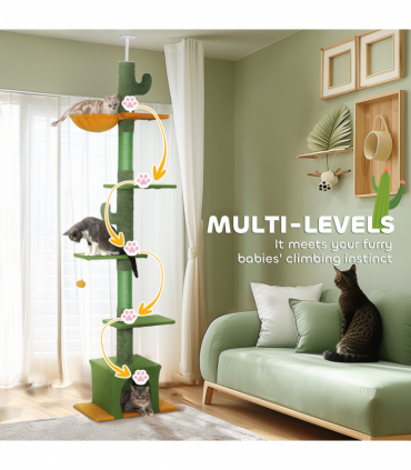 PawHut 230-275cm Floor-to-Ceiling Cat Tree for Indoor Cats with Cat House
