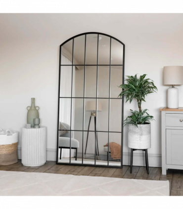 Tomi - Full Length Black Metal Arched Lattice Window Mirror - 180cm x 90cm