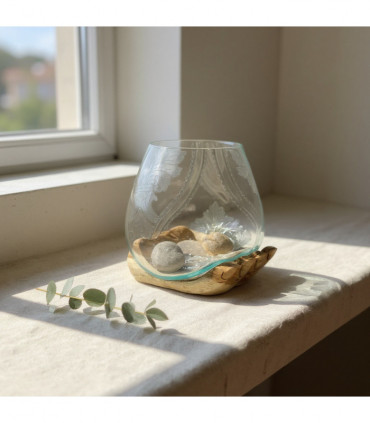 25CM TEAK ROOT HAND WITH GLASS BOWL