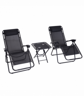 3PC Zero Gravity Chairs Sun Lounger Table Set w/ Cup Holders, Black Outsunny