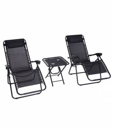 3PC Zero Gravity Chairs Sun Lounger Table Set w/ Cup Holders, Black Outsunny