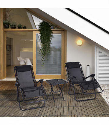 3PC Zero Gravity Chairs Sun Lounger Table Set w/ Cup Holders, Black Outsunny