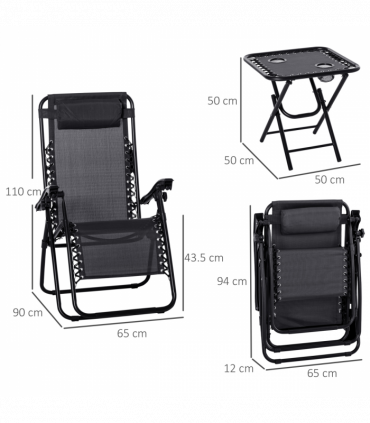 3PC Zero Gravity Chairs Sun Lounger Table Set w/ Cup Holders, Black Outsunny