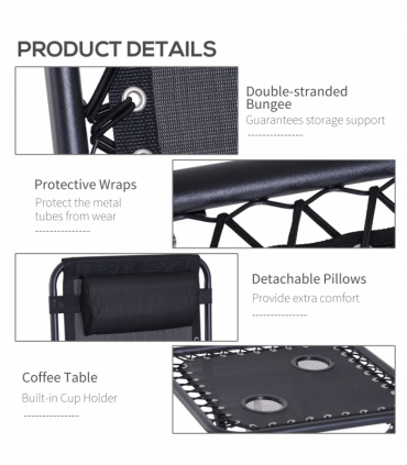 3PC Zero Gravity Chairs Sun Lounger Table Set w/ Cup Holders, Black Outsunny