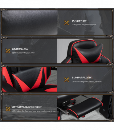 Gaming Chair Ergonomic Reclining w/ Manual Footrest Wheels Stylish Office Red