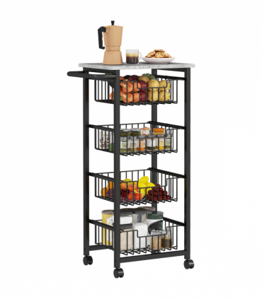 HOMCOM 4-Tier Kitchen Island on Wheels with 4 Pull-Out Baskets, Light Grey