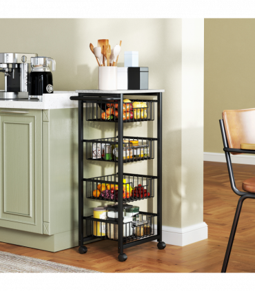 HOMCOM 4-Tier Kitchen Island on Wheels with 4 Pull-Out Baskets, Light Grey