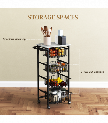 HOMCOM 4-Tier Kitchen Island on Wheels with 4 Pull-Out Baskets, Light Grey