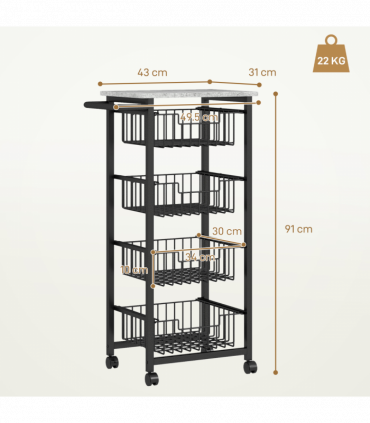 HOMCOM 4-Tier Kitchen Island on Wheels with 4 Pull-Out Baskets, Light Grey