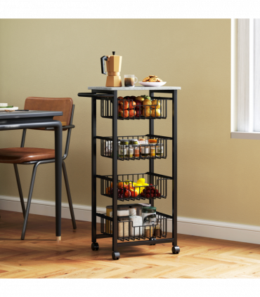 HOMCOM 4-Tier Kitchen Island on Wheels with 4 Pull-Out Baskets, Light Grey
