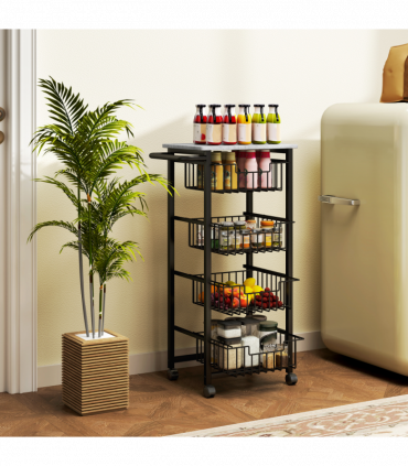 HOMCOM 4-Tier Kitchen Island on Wheels with 4 Pull-Out Baskets, Light Grey